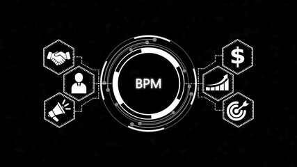 BPM Business process management system, new business concept. Hi tech motion graphic background, white flickering dots on background