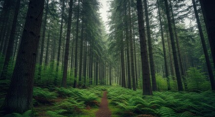 Fototapeta premium Forest path through tall conifers, fern undergrowth under overcast sky