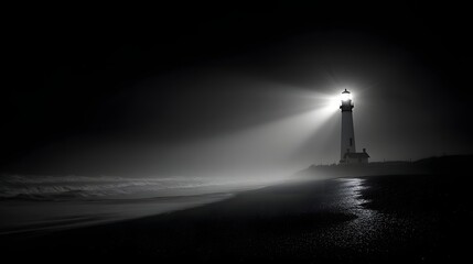 A solitary lighthouse pierces the dark night, its beam a beacon of hope against the shrouded coastal landscape.