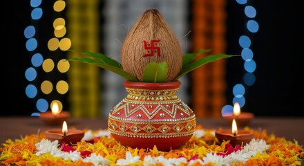 A decorated kalash with coconut and swastika surrounded by flowers and lit diyas on table