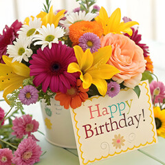 Vibrant Birthday Flower Arrangement with Greeting Card
