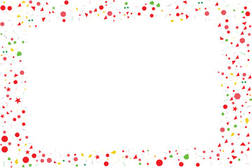 Festive colorful confetti border with stars, circles, and geometric shapes on white background, perfect for celebration frames.