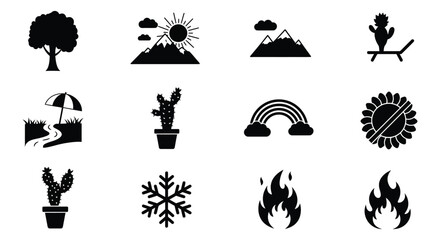 Collection of various weather and nature icons in black silhouette style
