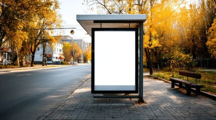 Blank poster on bus shelter in quiet suburban neighborhood. White billboard mockup with copy space on roadside. Public transport stop. Modern city street scene with bench. Ideal.