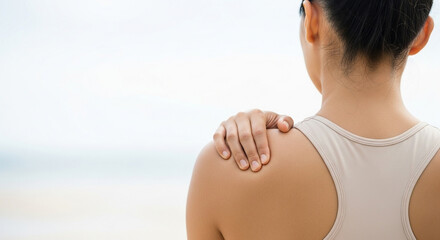 Shoulder joint close‑up during stretch at the beach, careful mobility routine and posture awareness, wellness lifestyle guidance for safe exercise and pain prevention