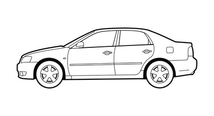 A black and white line drawing of a four door sedan car