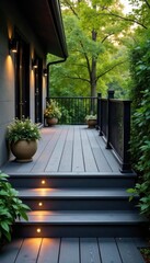 Fototapeta premium Multilevel ash grey composite deck, subtle lighting , lighting, renovation, exterior