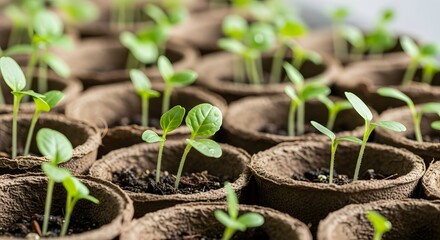 Close-up of vibrant green seedlings sprouting in biodegradable peat pots, symbolizing new life and growth in gardening.