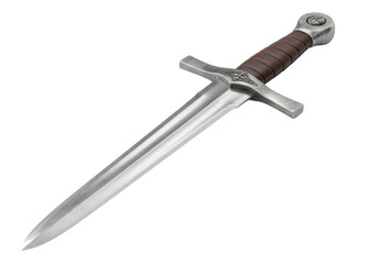 Isolated Medieval Sword Dagger Weapon with Leather Grip and Silver Guard, Hilt and Pommel