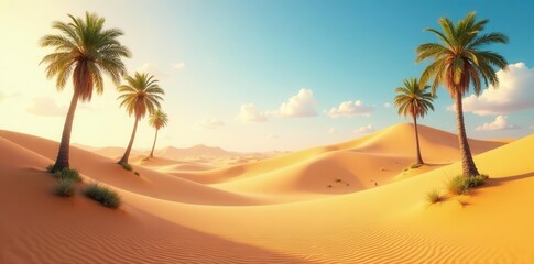Serene desert oasis; palm trees sway gently above golden sand dunes , shadow, texture