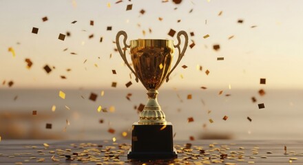 Golden trophy in foreground, confetti floats, blurred sunset background