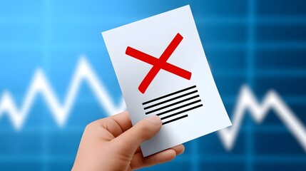 Hand holding a document with a red X, indicating market risk or investment failure.