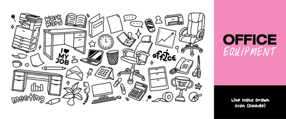 Office Equipment Line Hand Drawn Doodle, Office, Business, Document, Work, Tools and Equipment, Vector Illustration