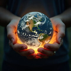 Diverse hands holding glowing earth