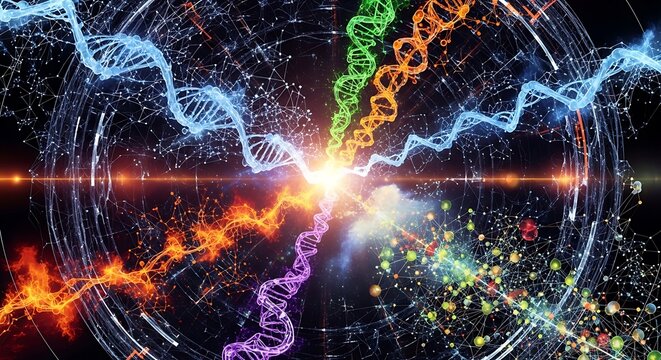 Multi-omics visualization of DNA strands, molecular networks, and quantum-inspired connections in futuristic digital biology and bioinformatics concept art
