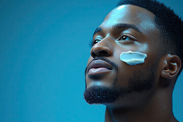 A close-up portrait of a man with a facial cream on his cheek, set against a blue background, highlighting skincare and self-care.