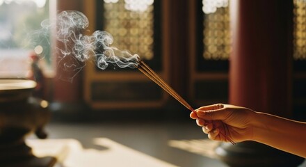Obraz premium Hand holding incense sticks, rising smoke in temple, column visible