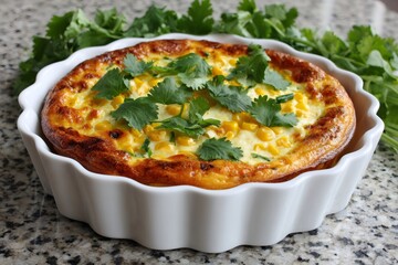 Corn and cilantro quiche resting on granite countertop