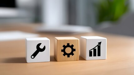 Cubes with business icons representing tools, gear, and growth chart.
