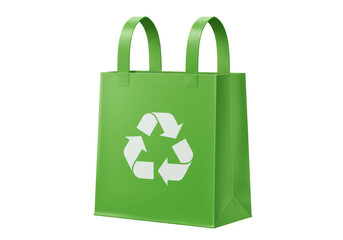 Isolated green reusable shopping bag with recycling symbol for environmental protection