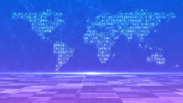 Futuristic digital animation glowing world map plexus connections, perspective floor grid blinking light particles, global technology, communication, innovation, data transfer, connectivity vision.