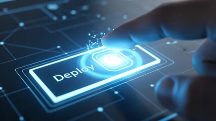 Deploy Button Press - A close-up shot of a finger pressing a glowing "Deploy" button on a futuristic touchscreen interface, suggesting software deployment or launch.