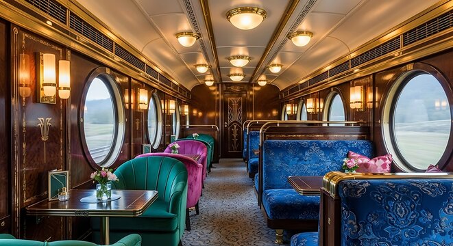 Luxury train interior with vintage design and plush seating