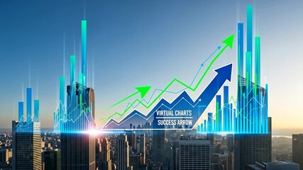 Cityscape with Rising Charts and Growth Arrow - A stunning cityscape at sunrise or sunset is overlaid with dynamic, upward-trending charts and a prominent success arrow, symbolizing growth, progress, - Powered by Adobe