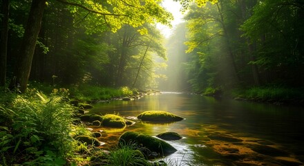 Obraz premium Serene Forest River: Sunlit Mossy Rocks and Tranquil Water