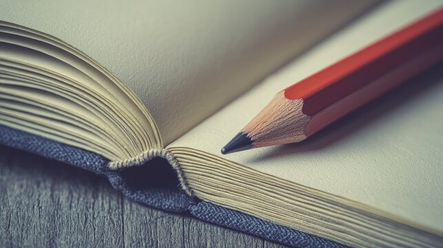Close-Up View of Open Notebook and Red Pencil on Wooden Table
