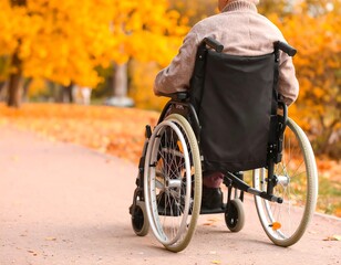 Fototapeta premium Elderly person in a wheelchair enjoying an autumn walk in the park.