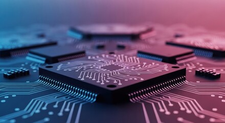 Integrated circuits and pathways with blue and red gradient lighting