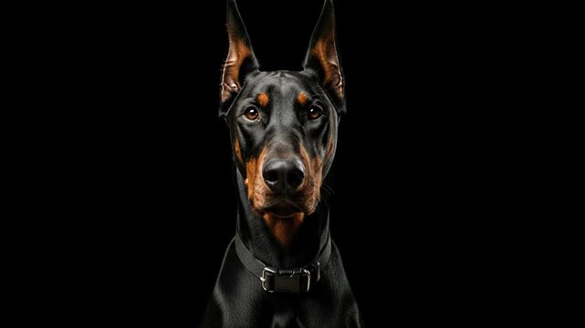 Doberman Pinscher Portrait on Black Background - A close-up shot of a Doberman Pinscher looking directly at the camera.