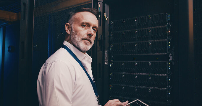Server room, tablet and portrait of man for network maintenance, cybersecurity and diagnostics. IT technician, data center and person on digital tech for technical service, database and check system