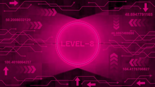  Level-08 text glowing animation with technology background. Level-08 text glowing animation. technology abstract background of animation concepts.