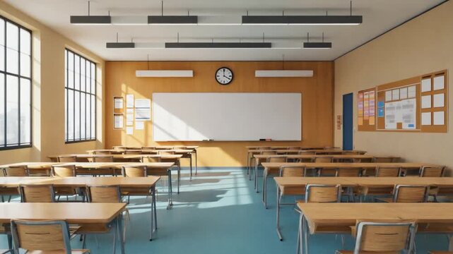 Empty classroom ready for lessons, education, and learning in natural light