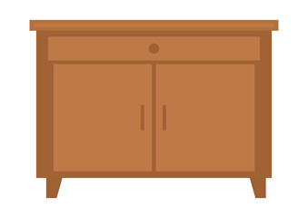 Wooden cabinet with drawer and two doors. Simple furniture for home interior and storage needs. Isolated element on white.
