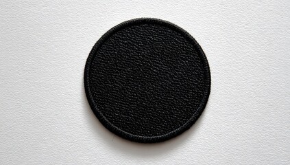 black round embroidered patch on a solid white background, flat lay.