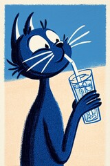 A playful blue cat character enjoying a drink with a joyful expression.