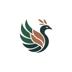 Stylized illustration of a bird, possibly a peacock or swan, with green and brown leaf-like wings and head feathers.