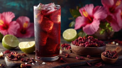 Premium Quality Visual of Mexican Hibiscus Tea in a Glass.