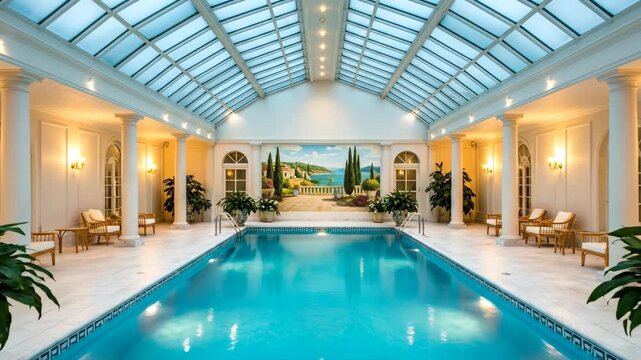 Luxurious Indoor Pool with Glass Roof - An elegant indoor swimming pool is showcased, featuring a glass ceiling, white columns, and a serene landscape mural.