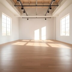 Fototapeta premium 창문으로 햇살 들어오는 비어있는 실내 연습실an empty indoor practice room with sunlight through the window
