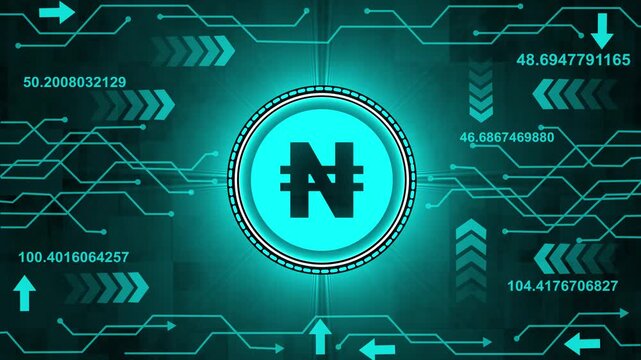 Nair-sign stable coin currency business and digital money hologram symbol appears on a digital background. digital money logo with rotation HUD UI circle technology interface. 4k render video animatio