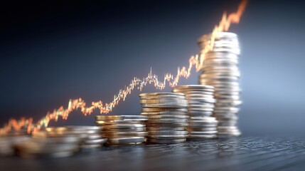 A stack of coins positioned in front of a background graph bar indicating pe contraction alert for financial tracking