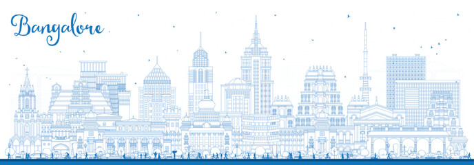 Outline Bangalore India city skyline with blue buildings. Bengaluru cityscape with landmarks. Business travel and tourism concept with modern and historic architecture. © BooblGum