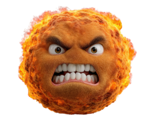 Angry face fire straight side object isolated emotion flame round furry expression burning heat cartoon character hot intense fierce aggressive energy power rage fury animated mascot fantasy