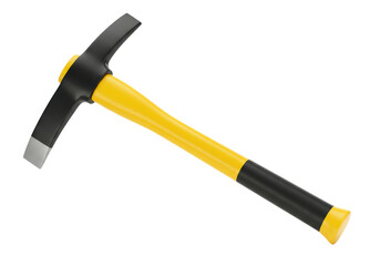 Isolated pickaxe with yellow and black handle, miner's tool, close-up studio shot