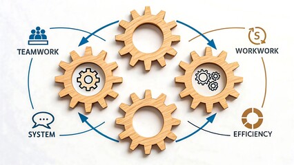 Teamwork efficiency concept with wooden gears and arrows 
