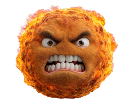 Angry face fire straight side object isolated emotion flame round furry expression burning heat cartoon character hot intense fierce aggressive energy power rage fury animated mascot fantasy